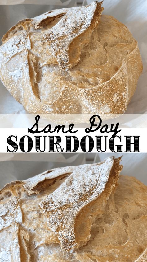 Just a few simple ingredients and 9 hours makes this beautiful crusty and chewy sourdough bread! Easy to follow step by step instructions make this recipe easy enough for beginners! #sourdoughrbeadrecipe #samedaysourdough Sourdough Bread Easy, Same Day Sourdough Bread, Same Day Sourdough, Easy Sourdough Bread Recipe, Tasty Bread Recipe, Homemade Sourdough Bread, Bread Starter, Artisan Bread Recipes, Sourdough Starter Recipe