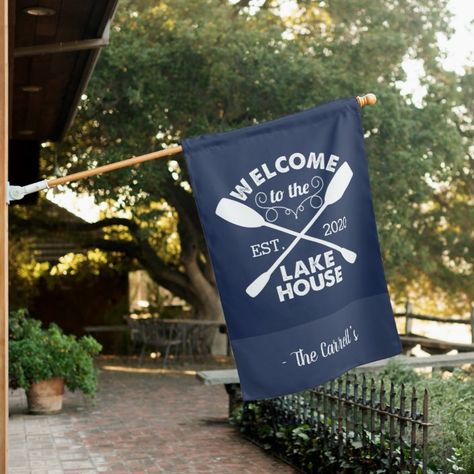 Navy | Welcome To The Lake House Personalized House Flag | Zazzle.com Teal House, Welcome To The Lake, Navy Houses, Rustic Lake Houses, The Lake House, House Family, Family Monogram, Lake Cabins, Lake House Decor