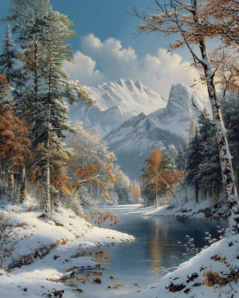 Photos Of Winter Scenes, Winter Sky Painting, Snowy Landscape Photography, Snowy Landscape Painting, Winter Scenes Photography, Winter Scenery Beautiful, Snow Forest Painting, Christmas Snow Scenes, Christmas Landscape Painting