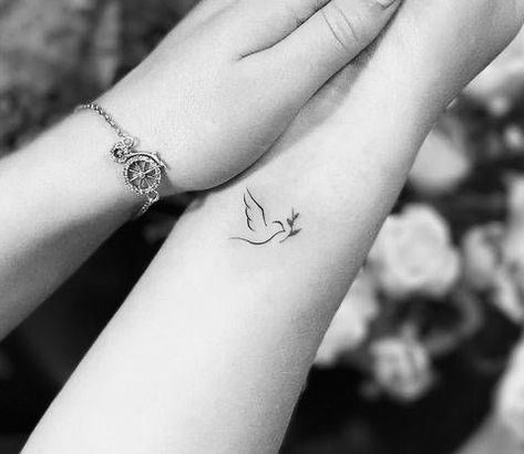 Dove Wrist Tattoos For Women, Dainty Dove Tattoos For Women, Dove Line Art Tattoo, Mini Dove Tattoo, Delicate Dove Tattoo, Dove Tattoo For Lost Loved One, One Line Dove Tattoo, Dove Small Tattoo, Matching Dove Tattoos