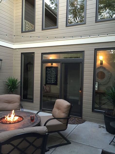 Courtyard Firepit - Life On Virginia Street Houses With Black Trim, White Houses With Black Trim, Farmhouse Interior Design Ideas, Black Window Trims, Beige House, Life On Virginia Street, White Exterior Houses, Farmhouse Interior Design, Craftsman Exterior