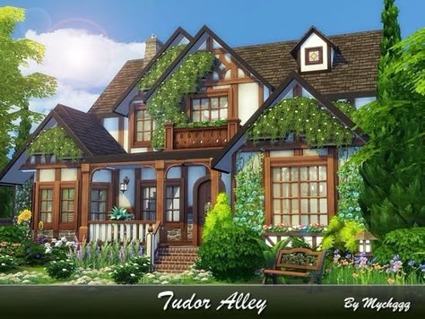 Tudor Alley is a charming family house in Tudor style built on 30x30 lot in Newcrest.  Found in TSR Category 'Sims 4 Residential Lots' Ts4 Layout, Lotes The Sims 4, The Sims 4 Lots, Sims Houses, Sims 4 House Plans, Sims 4 House Building, Sims Ideas, Sims 4 House Design, Casas The Sims 4