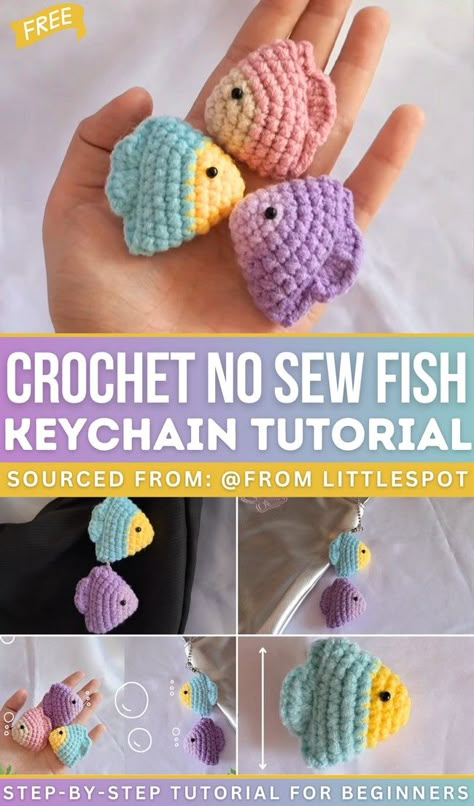 Simple No-sew Fish Crochet Keychain Crochet Bird Keychain Free Pattern, Crochet Angel Fish Pattern Free, Beta Fish Crochet Patterns, Quick And Easy Crochet Keychain, Quick Easy Free Crochet Patterns, Jelly Fish Crochet Keychain Free Pattern, Knitted Keychain Pattern, Crochet Mini Fish, Easy Crochet Keychain Ideas