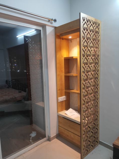 Mandir Idea for small room side look Mandir Separator, Pooja Room Side Wall Design, Mandir Corner At Home, Mandir Ideas For Small Space In Bedroom, Small Space Mandir Ideas, Small Pooja Unit Designs, Mandir Design For Small Space, Mandir Ideas For Small Space In Living Room, Mandir Design Small Corner