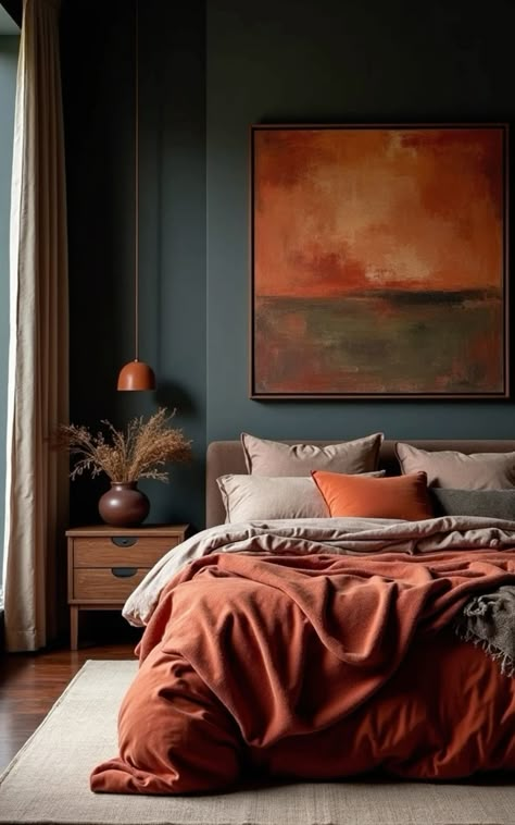 #grey #orange #modern #comfort Bedrooms With Burnt Orange Bedding, Gray Green Orange Bedroom, Bedroom Burnt Orange Bedding, Beige Orange Bedroom, Olive Rust Bedroom, Dark Orange Room Aesthetic, Terracotta Grey Bedroom, Burnt Orange Bedding Aesthetic, Burnt Orange And Purple Bedroom