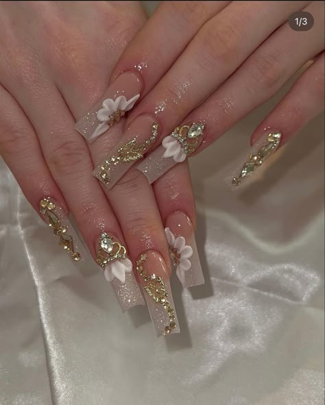 Sweet 16 Nails, Champagne Nails, Quince Nails, Quinceanera Nails, Gold Acrylic Nails, Milky Nails, Girly Acrylic Nails, Long Square Acrylic Nails, Unique Acrylic Nails