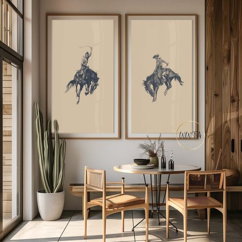 Western Room Poster Set, Bucking Bronco, Gift For Her, Cowboy Wall Art, Rodeo Print, Boho Art, Illustration Print, Horse Decor, Version 1 -  #Art #Boho #Bronco #Bucking #Cowboy #decor #gift #Horse #Illustration #Poster #Print #Rodeo #Room #Set #Version #Wall #Western Big Wall In Bedroom Decor, Long Horn Wall Art, Cow Hide With Pictures On Wall, Equestrian Themed Room, Poster Prints For Guys, 1900s Poster Design, Boho Americana Decor, Rustic Classy Home Decor, Modern Cowboy Decor Interior Design