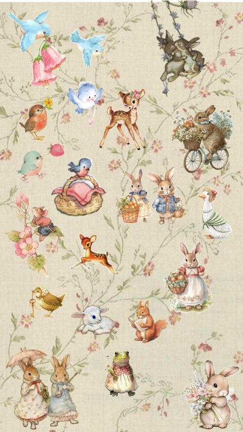 Cottage core vintage animal wallpaper Vintage Animal Wallpaper, Cottage Core Wallpaper, Animals Background, Core Wallpaper, Cottage Core Vintage, Whimsical Animals, Poetry For Kids, Phone Wallpaper Patterns, Original Wallpaper