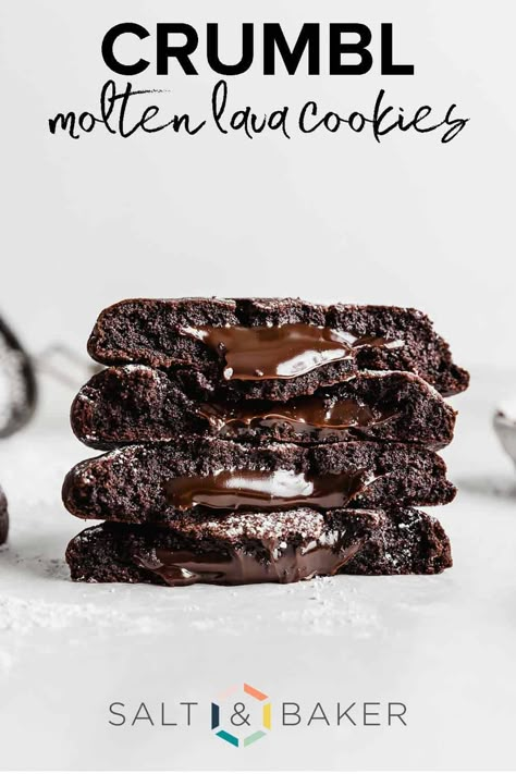 Molten Lava Chocolate Chip Cookies, Crumbl Molten Lava Cookies, Lava Cake Cookie Recipe, Gooey Chocolate Lava Cookies, Crave Cookie Recipe, Vanilla Hot Chocolate Molten Cookies, Fudge Stuffed Cookies, Hot Fudge Cupcakes, Hot Fudge Cookies