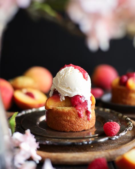 Peach Melba Mini Cakes Peach Melba Cake, Peach Melba Recipe, Protein Ranch, Cottage Cheese Ranch, Raspberry Dessert, Ranch Packet, Galentines Day Party, Raspberry Desserts, Peach Melba