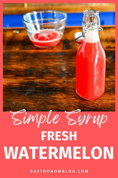 Watermelon Syrup Recipe is a great way to sweeten your summer cocktails. Using fresh watermelon juice and sugar, this simple recipe adds flavor and color to delicious drinks! Fresh Watermelon Juice, Watermelon Syrup, Champagne Recipe, Simple Syrup Cocktails, Watermelon Flavor, Watermelon Cocktail, Drink Syrups, Watermelon Drink, Peach Syrup