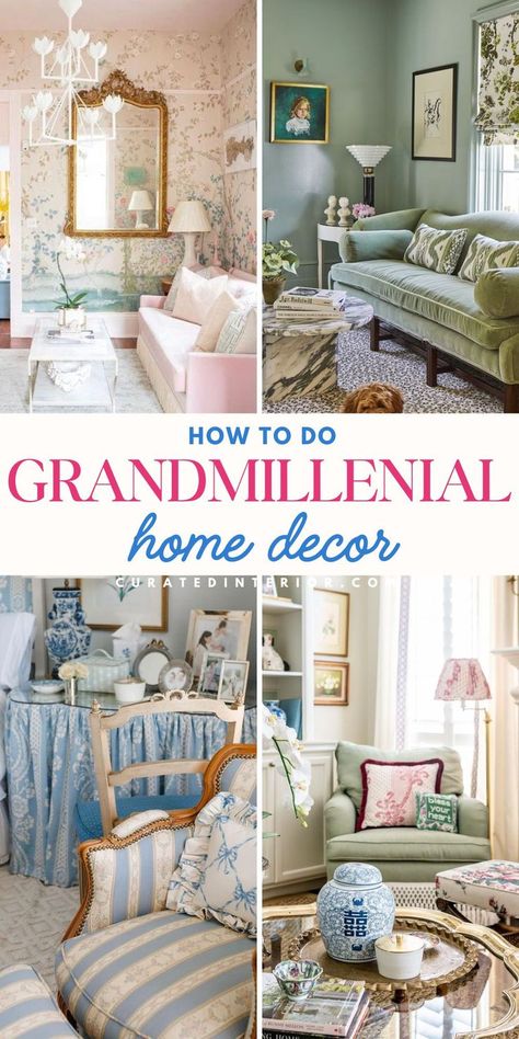 Grandmillennial Style Decor Elements Grand Millennial Diy, Grand Millennial Foyer, Boho Grand Millennial Decor, Classic Southern Home Decor Living Room, Decorating With Bright Colors, Grandmillenial Style Living Rooms, Southern Home Decor Living Room, Grand Millennial Style Living Room, Grandmillennial Living Room