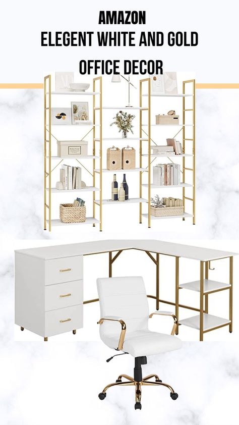 Elegant White and Gold Luxury Office Decor White Gold Office Decor, White And Gold Office Decor, White And Gold Office, Pink Gold Office, White Office Ideas, White Gold Office, Elegant Office Decor, White Office Decor, Business Office Design