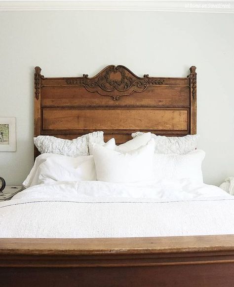 Follow The Yellow Brick Home - TIps for Designing a Beautiful and Relaxing Bedroom Antique Bed Frame, Antique Bed, White Linens, Antique Beds, White Linen Bedding, Relaxing Bedroom, Diy Headboard, White Sheets, Beautiful Bedding