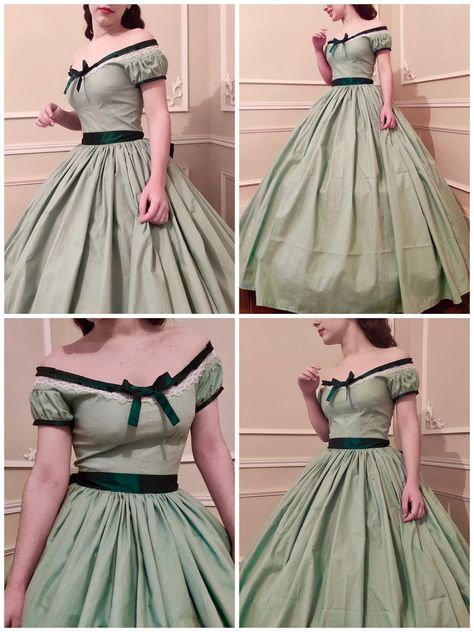 1850 cotton day dress Sissi and Victoria period and Civil War | Etsy Victorian Day Dress, Green Victorian Dress, 1860s Day Dress, Army Dress, Soft Dresses, 18th Century Dresses, 1860s Dresses, 1850s Fashion, Shweshwe Dresses