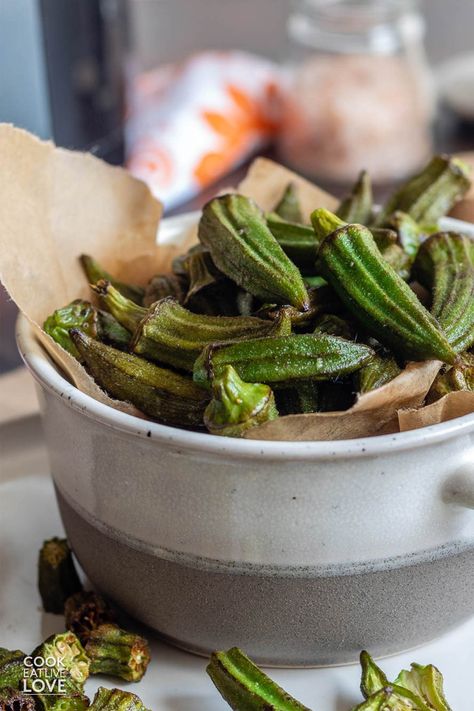 Air fryer okra is an easy three-ingredient recipe to make as an easy side dish for meals any time of the year! Cook it whole, sliced, or cut in half with excellent results! Air fried okra without breading comes perfectly tender with nice crisp edges. This vegetable side dish in the air fryer is naturally vegan, gluten-free and egg-free. Air Fried Okra, Air Fryer Okra, Roasted Okra, Three Ingredient Recipes, Fried Okra, Vegetable Side Dish, Okra Recipes, Easy Side Dish, Vegetable Side