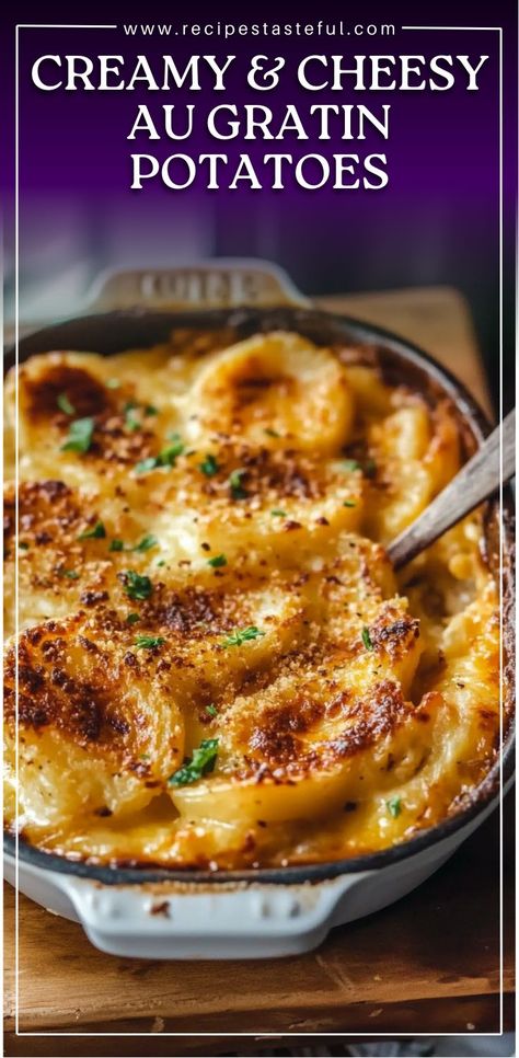 This rich and indulgent au gratin potatoes dish features layers of tender Yukon Gold potatoes, savory onion slices, and a creamy cheese sauce made with cheddar, Gruyere, and Parmesan. Perfect for holidays or as a comforting side dish for any occasion! #AuGratinPotatoes #CheesyPotatoes #ComfortFood #HolidaySideDish #CheeseLovers #PotatoRecipes #IndulgentSideDish #CreamyPotatoes Potatoes O Gratin, Homemade Potatoes Au Gratin, Algrauten Potatoes, Best Au Gratin Potato Recipes, Easy Au Gratin Potatoes Simple, Au Gratin Sauce Recipe, Augratin Potatoes Crockpot Slow Cooker, Au Gratin Potatoes Oven, Yellow Potato Recipes