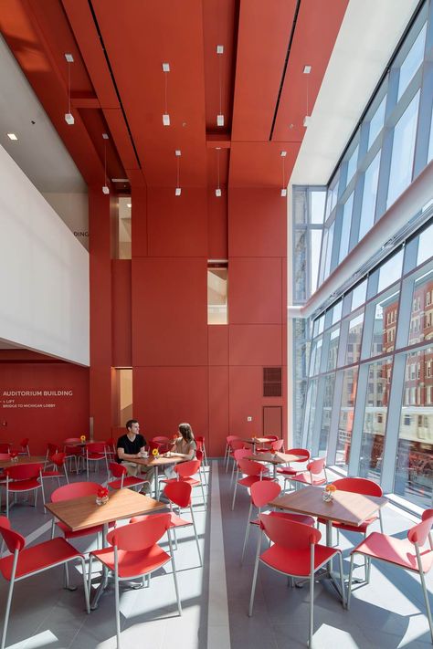 Roosevelt University Academic, Student Life and Residence Center, Chicago IL | Dining Hall | VOA Associates, Architects College Dining Hall, Roosevelt University, Canteen Design, Food Court Design, Public Restaurant, College Architecture, University Architecture, Residence Hall, Brick Architecture