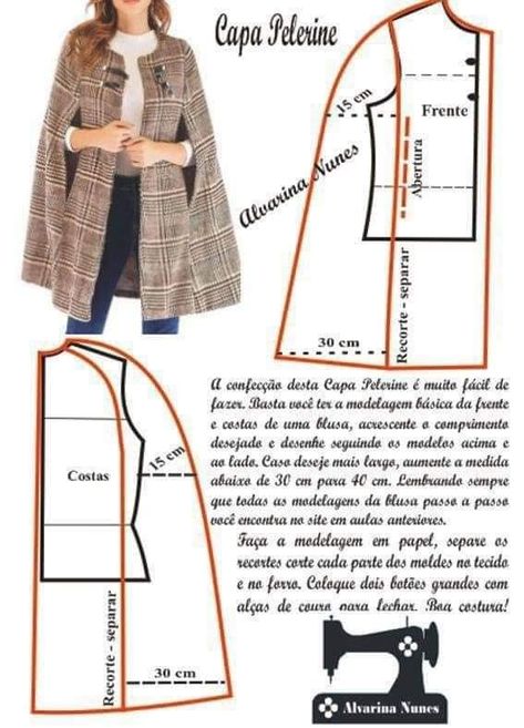 Cape Patterns Womens, Poncho Pattern Sewing, Cape Pattern Sewing, Cape Pattern, Coat Pattern Sewing, Sewing Clothes Women, Fashion Design Patterns, Fashion Sewing Tutorials, Diy Blouse Pattern