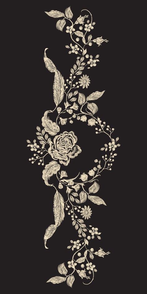 Embroidery Patterns Black And White, Digital Flowers Design, Digital Border Design, Digital Border, Flower Pattern Drawing, Botanical Motifs, Embroidery Border, Botanical Flower Art, Textile Prints Design