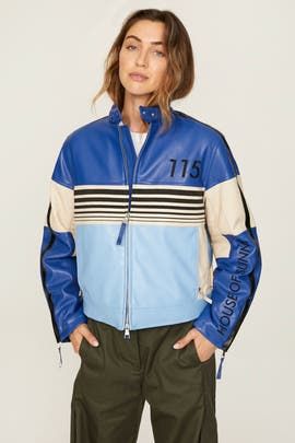 The Racer Jacket by House of Sunny for $55 | Rent the Runway Blue Racer Jacket, Racer Jackets, House Of Sunny, Racer Jacket, Rent The Runway, Blue Fits, Blue And Black, Jacket Style, Mock Neck