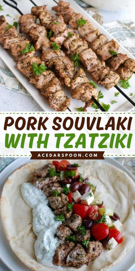 A pork souvlaki recipe! This dinner idea for tonight features a Mediterranean marinade. Made with grilled pork tenderloin and tzatziki sauce on pita bread, this Greek souvlaki is delicious! Save this pin! Pork Souvlaki Pita, Mediterranean Pork Loin, Mediterranean Diet Recipes Pork Tenderloin, Mediterranean Diet Pork Tenderloin, Mediterranean Pork Tenderloin Recipes, Greek Pork Loin Recipes, Greek Pork Tenderloin Recipes, Greek Pork Souvlaki Marinade, Pork Souvlaki Recipe