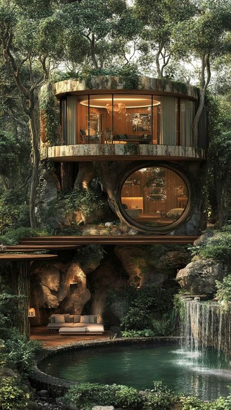 This image shows a house in the middle of a forest that is designed to blend in with nature. The structure of the house uses wood and concrete, creating a warm atmosphere with soft lighting. There is a curved wooden balcony and a spiral staircase connecting the different floors. The charm is enhanced by a private swimming pool surrounded by green trees, perfect for those who want to relax in a truly natural atmosphere. Wooden Balcony, Home In Nature, Different Floors, Private Swimming Pool, Wood And Concrete, Tree House Decor, Home Decor Hooks, Home Decor Crate, Home Decor Color