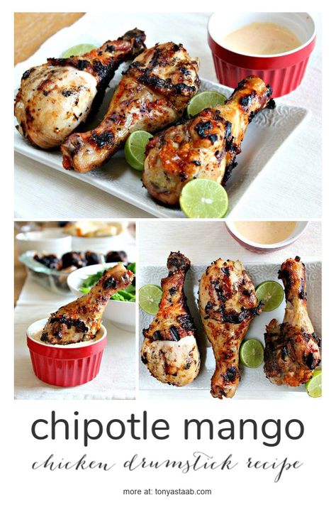 This chipotle mango chicken drumstick recipe is perfect for backyard barbecues, parties, and family dinner. It's a cheap meal, with a hint of spice, that's made quickly on the grill. Chipotle Mango Chicken, Mango Chicken Recipes, Quick Family Dinners, Mango Chicken, Mango Sauce, Chicken Drumstick Recipes, Drumstick Recipes, Sauteed Chicken, Mango Recipes