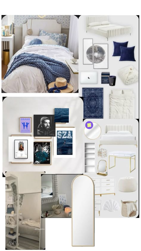 White Gold And Navy Bedroom, Dark Blue And Neutral Bedroom, White And Navy Bedroom Ideas, Navy Blue And White Room Aesthetic, Blue White And Grey Bedroom Room Ideas, Clean Girl Room Aesthetic Navy Blue, Navy And Gold Dorm Room, Blue Apartment Bedroom, Costal Room Inspiration