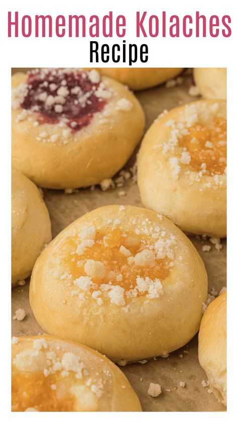 This homemade Kolache recipe is a perfect breakfast or brunch treat! Made with a homemade yeast dough, and a variety of fillings to choose from! I made these Czech kolache pastries with a sweet filling made from cream cheese, and two fruit fillings from raspberry and apricot jam! Peach Kolache Recipe, Kolache Filling Recipes, Kolache Recipe Easy, Kolache Recipe Polish, Kolache Nut Roll Recipe, Kolaches Recipe Easy, Kolache Dough Recipe, Apricot Kolache Recipe, Czech Kolache Recipe