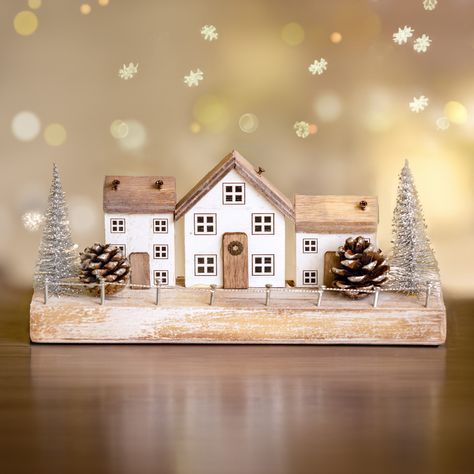 Add a homely vibe into your Christmas decor with this Village Scene.  Perfect for any style of household decor or festive decorating, this wooden ornament is a fun way to make every day of the festive period that bit extra special. Wooden Christmas Village Display, Christmas Cards With Houses On Them, Christmas Wooden Houses, Wooden Christmas Village, Craft Houses, Wooden House Decoration, Christmas Window Decoration, Wood Decorations, Wood Christmas Decorations