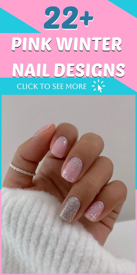 🌟 Channel your inner snow princess with these elegant pink winter nail designs that will bring a touch of romance to your manicure. Whether you prefer soft blush hues or shimmering rose golds, there's a pink shade that will capture the magic of the season. Embrace the winter wonderland with these enchanting pink nail ideas and let your nails sparkle like snowflakes! #PinkWinterNailDesigns #RomanticManicures Pink Snowflake Nail Design, Sns Winter Nails Ideas, Pink Snow Nails, Pink Nails With Snowflakes, Winter Wonderland Nail Designs, Short Pink Christmas Nails, Pink New Years Nails, Rose Gold Sparkle Nails, Pink Snowflake Nails