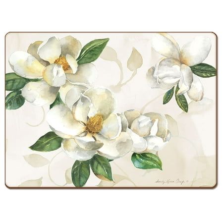 Cala Home "Magnolias" Premium Decorative Hardboard Cork Back Tabletop Placemats. Set of 4 Decorative Hardboard Placemats with a Cork Backing. Placemats arrive in elegant gift box that can also be used to store them. Made with a layered construction. The surface of the mats is coated with protective lacquer. Heat resistant to 212 degrees Fahrenheit. The art is laminated to a wood composite layer. A soft cork backing protects the table surface from scratches. - Beautiful artistic design allow the Florida Gifts, Hardboard Placemats, Outdoor Eating Area, Decorative Placemats, Cork Wood, Outdoor Eating, Table Top Design, Abstract Flower Painting, Placemat Sets