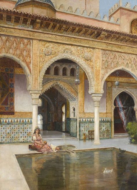 Moorish Courtyard, Arabian Palace, Islamic Spain, Andalusian Architecture, Islamic Design Pattern, Watercolor Architecture, Moroccan Art, Al Andalus, Architecture Painting