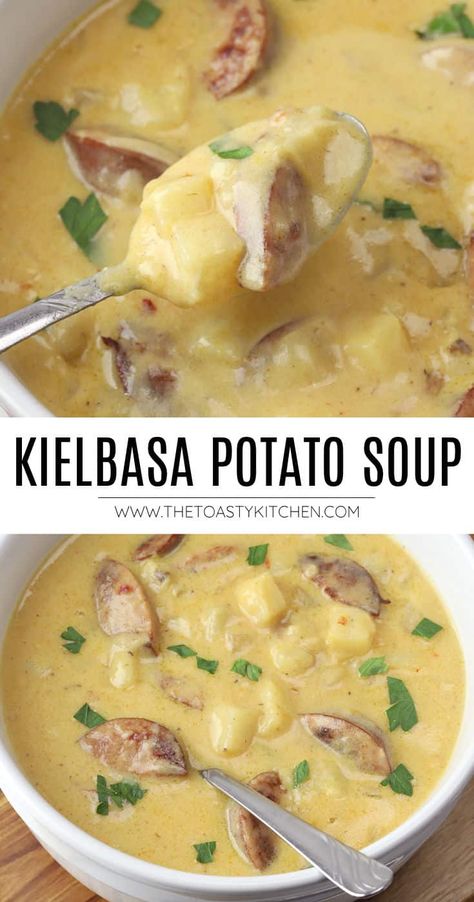 Kielbasa potato soup recipe by The Toasty Kitchen. Kielbasa potato soup is a hearty soup filled with sausage, potatoes, and shredded cheddar cheese. Pair this creamy, comforting soup with some crusty bread or a side salad for a quick and filling weeknight meal. #kielbasa #potatosoup #creamysoup #heartysoup #wintermeals #cheese #sausage #recipe #Homemade Kielbasa And Potato Soup, Kielbasa Soup With Potatoes, Kielbasa Potato Soup, Cheesy Kielbasa, Chicken Asian, Soup Potato, Kielbasa Soup, Kielbasa And Potatoes, Sausage Potato Soup