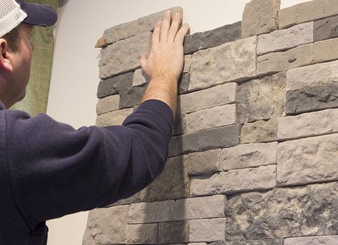 Installing Stone On Fireplace, Brick To Stone Fireplace Makeover, Air Stone Fireplace, Air Stone Fireplace Makeover, Airstone Fireplace Makeover, Airstone Ideas, Airstone Wall, Fireplace Mantel Makeover, Easy Fireplace