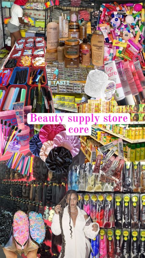 Beauty supply store – core😍 I can smell this collage🥹 #beauty #beautysupplystore #store #cornershop #blackgirl #blackgirlaesthetic #lipgloss #haircare #skincare #products #bonnet #lashes #braids Hair Supply Store, Hair Product Storage, Beauty Room Salon, Pretty School Supplies, Curly Hair Care Routine, I Love Being Black, Cute Hair Colors, Hair Stores, Hair Supplies