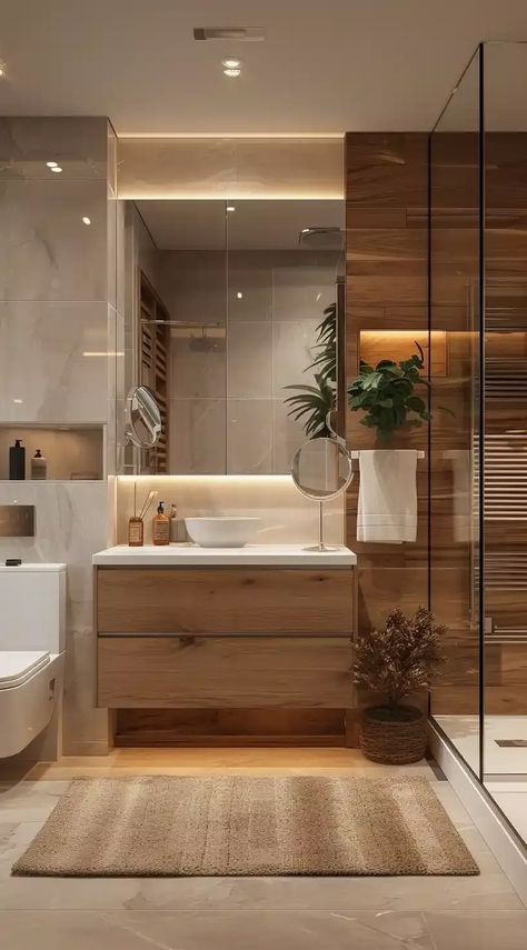 Small Master Bath Ideas Modern, Tile Bathroom Walls Ideas, Bathroom With Pop Of Color, Bathroom Wood Tile, Interior Bathroom Design, Drømme Bad, Home Decor Ideas Bathroom, Bathroom Inspo Interior Design, Modern Small Bathroom Ideas