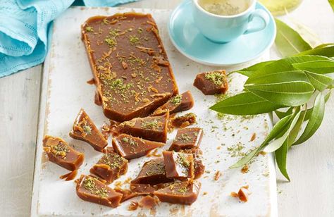 A decadent caramel recipe using lemon myrtle leaves Caramel Ingredients, Caramel Recipe, Lemon Uses, Finger Lime, Curry Spices, Lemon Myrtle, Salted Chocolate, Caramel Recipes, Chocolate Caramels