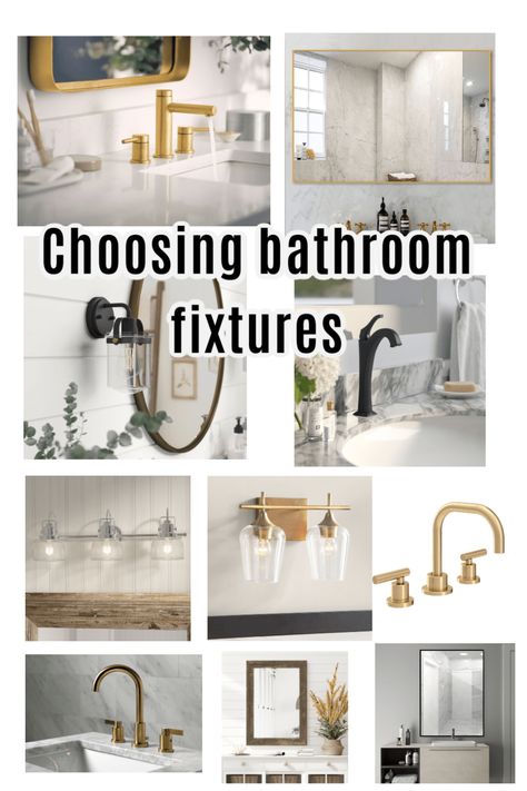 People ask me all the time if it's ok to mix metals when planning your bathroom fixtures - and my answer is... YES! I love mixing metals! There are some rules though... #bathroomfixtures #bathreno #bathroomideas Bath Fixture Ideas, Mixed Metal Fixtures In Bathroom, Bathroom Fixture Colors, Modern Farmhouse Bathroom Fixtures, Mixing Oil Rubbed Bronze And Gold In Bathroom, Gold And Black Mixed Metal Bathroom, Mixed Bathroom Finishes, Mixing Bathroom Metals, Half Bathroom Light Fixtures