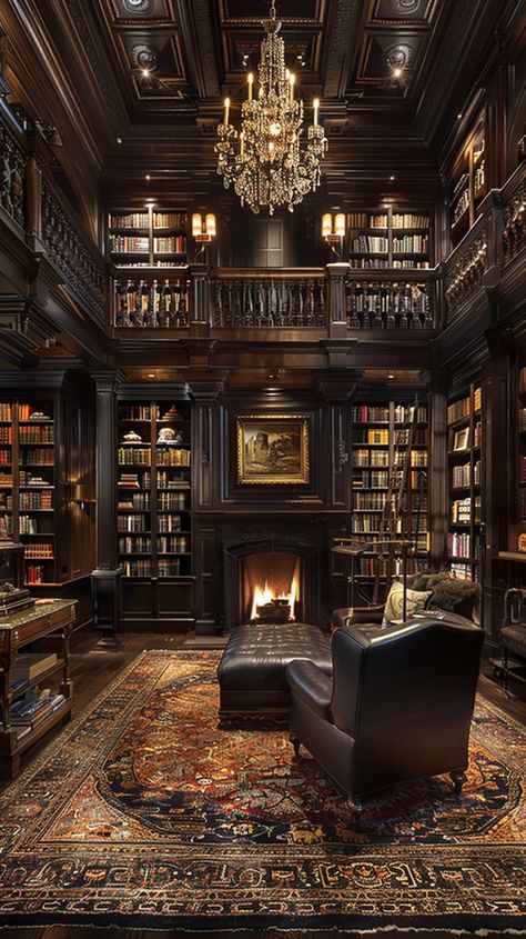 Download 'Elegant Library Interior' - A warm and inviting library room with dark wood shelves, a cozy fireplace, and antique furniture. - Get this free stock photo and more high-quality images on StockCake. No attribution required. Edwardian Library Room, Formal Library Study, Old Book Library, Dark Victorian Library, Spiral Staircase Library, Dark Elegant Interior, Pretty Library Aesthetic, Living Room With Library Wall, Vintage Gentleman Room