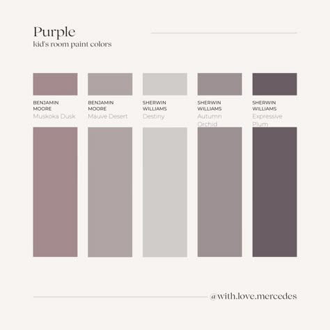 Purple paint color palette Dusty Purple Paint, Best Purple Paint Colors, Purple Grey Paint Color, Purple Gray Paint, Rich Paint Colors, Colors For A Bedroom, Purple Wall Color, Grey Purple Paint, Mauve Paint Colors