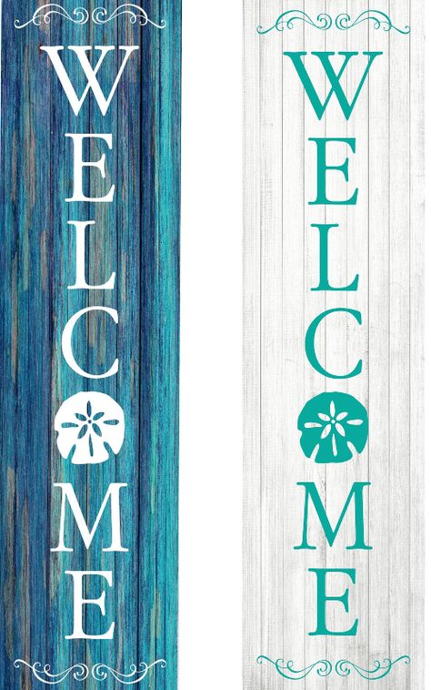 Long and short vertical wood welcome signs with a coastal beach design. Featured on Completely Coastal. Welcome Beach Signs Wooden, Beach Theme Welcome Sign, Beach Wood Signs Diy, Nautical Welcome Sign Wood, Beachy Welcome Sign Front Door, Welcome Beach Sign, Beach Porch Signs, Summer Signs Wooden, Coastal Welcome Sign