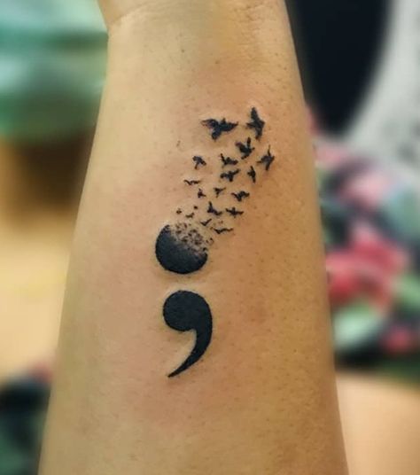 Latest 41 Semicolon Tattoo Designs and Ideas For Men and Women Semi-colon Tattoo With Birds, Meaning Of A Semi Colon Tattoo, Semi-colon Tattoo Ideas For Men, Kids Tattoo Ideas, Kid Tattoos For Moms, Cover Ups Tattoo, Semi Colon Tattoo, Tattoo For Mom, Semicolon Tattoos