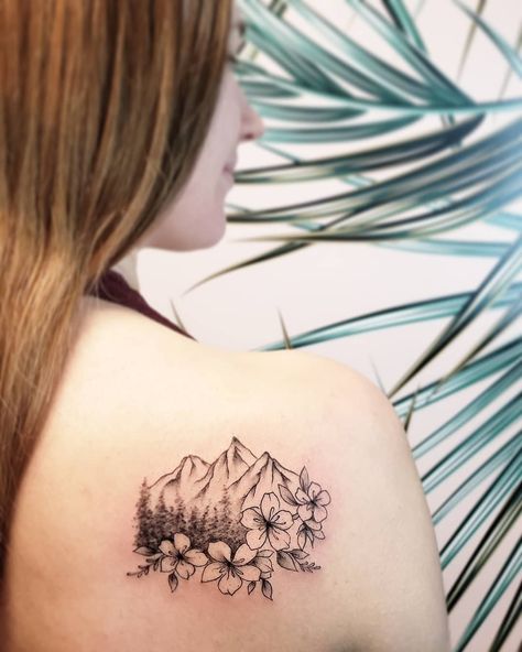 Fine line mountain scenery tattoo with cherry blossoms done by Vancouver tattoo artist Jamie Kan Mt Mckinley Tattoo, Mountain And Birth Flower Tattoo, Mountain And Stream Tattoo, Mountain And Flower Tattoo Simple, Mountain Skiing Tattoo, Mountain And Waterfall Tattoo, Mt St Helens Tattoo, Flowers And Mountains Tattoo, Girly Mountain Tattoo