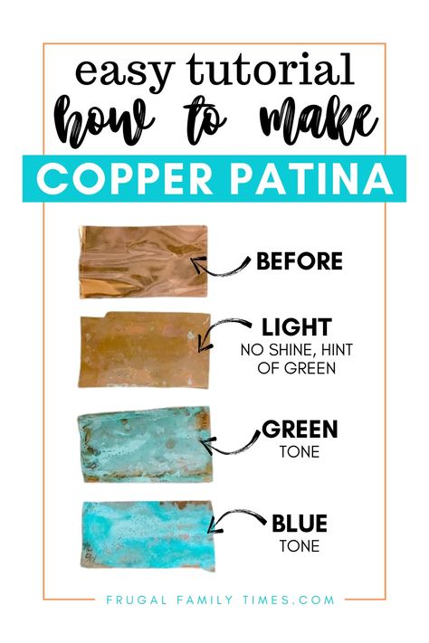 Wondering how to turn copper green? I've got the copper patina solution recipes for you! We're adding patina copper sheets to our stairs, but first I needed to experiment to find the perfect copper patina recipe. Here you'll find three: one subtle patina'd copper, second a green copper verdigris, the last a blue patina on copper. So many crafty ideas! Patina Diy, Patina Art, Old Basement, Stair Makeover, Patina Green, Miracle Grow, Patina Metal, Patina Copper, Copper Paint