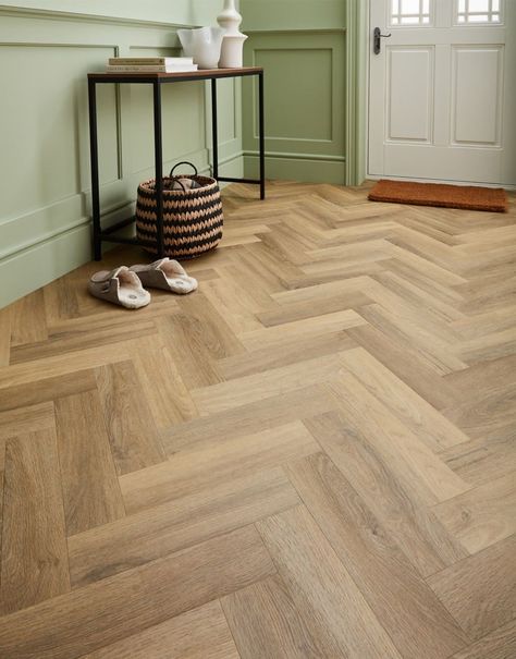 Hallway With Herringbone Floor, Amtico Sun Bleached Oak Herringbone, Scandi Kitchen Floor, Herringbone Floor In Small Space, Oak Herringbone Floor Hallway, Herringbone Floor Oak, Herringbone Parquet Flooring, Hallway Herringbone Floor, Amtico Herringbone Floor