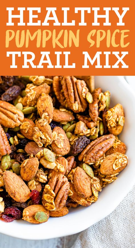 This pumpkin spice trail mix is loaded with a variety of nuts, dried fruit and a pumpkin spice flavor. Snack by the handful or use as a topping for yogurt. #trailmix #nuts #pumpkinspice #fallrecipe #pumpkin #eatingbirdfood #healthysnack Fall Trail Mix Ideas Healthy, Healthy Trail Mix Recipes Clean Eating, Trailmix Fall, Fall Trail Mix Recipe, Healthy Trail Mix Recipes, Office Treats, Treat Maker, Healthy Trail Mix, Trail Mix Recipes