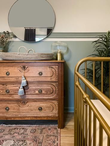 One Room Challenge Week 5: How To Update a Vintage Dresser Without Paint • Emily Rone Home Scallop Painted Furniture, Antique Dresser Bedroom, Vintage Nursery Dresser, Dresser Bedroom Decor, Sage Green Paint, Vintage Dresser, Family Furniture, Green Paint Colors, Diy Nursery