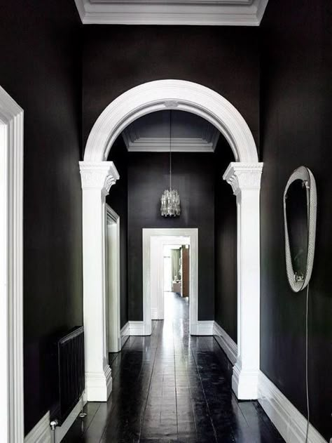 Apartment Decorating Black, Black And White Hallway, White Hallway, Double Bed Designs, Wooden Bed Design, Bed Design Modern, Black And White Interior, Black Dining Room, Dark Walls